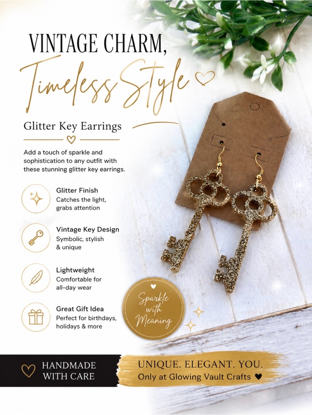 Gold Glitter Key Dangle Earrings
